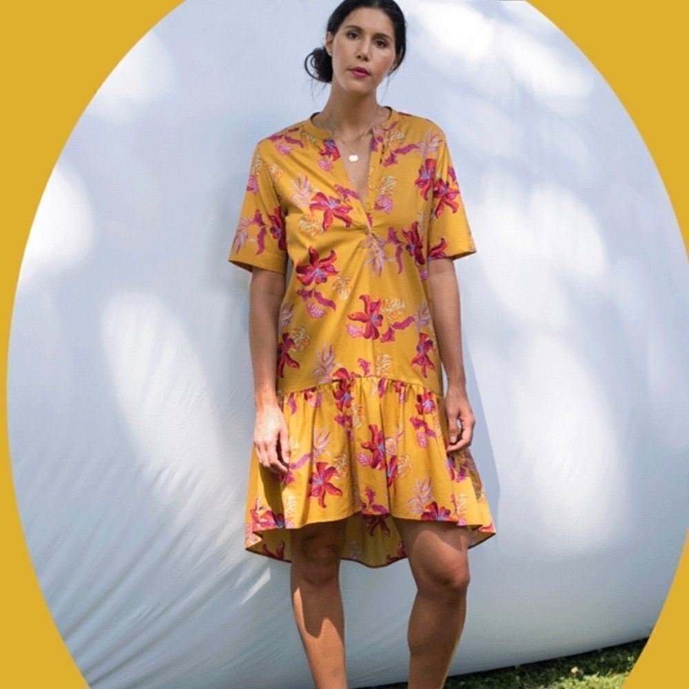Tucker Laura Dress Lime Lily in Light Weight Cotton Ruffle Hem Floral